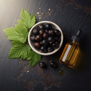 Świeże owoce czarnej porzeczki w miseczce, zielone liście oraz butelka z kroplomierzem zawierająca olej z pestek na ciemnym kamiennym blacie