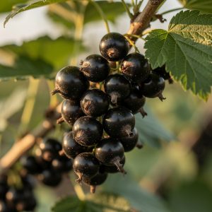 Dojrzałe owoce czarnej porzeczki (Ribes nigrum) na gałązce krzewu